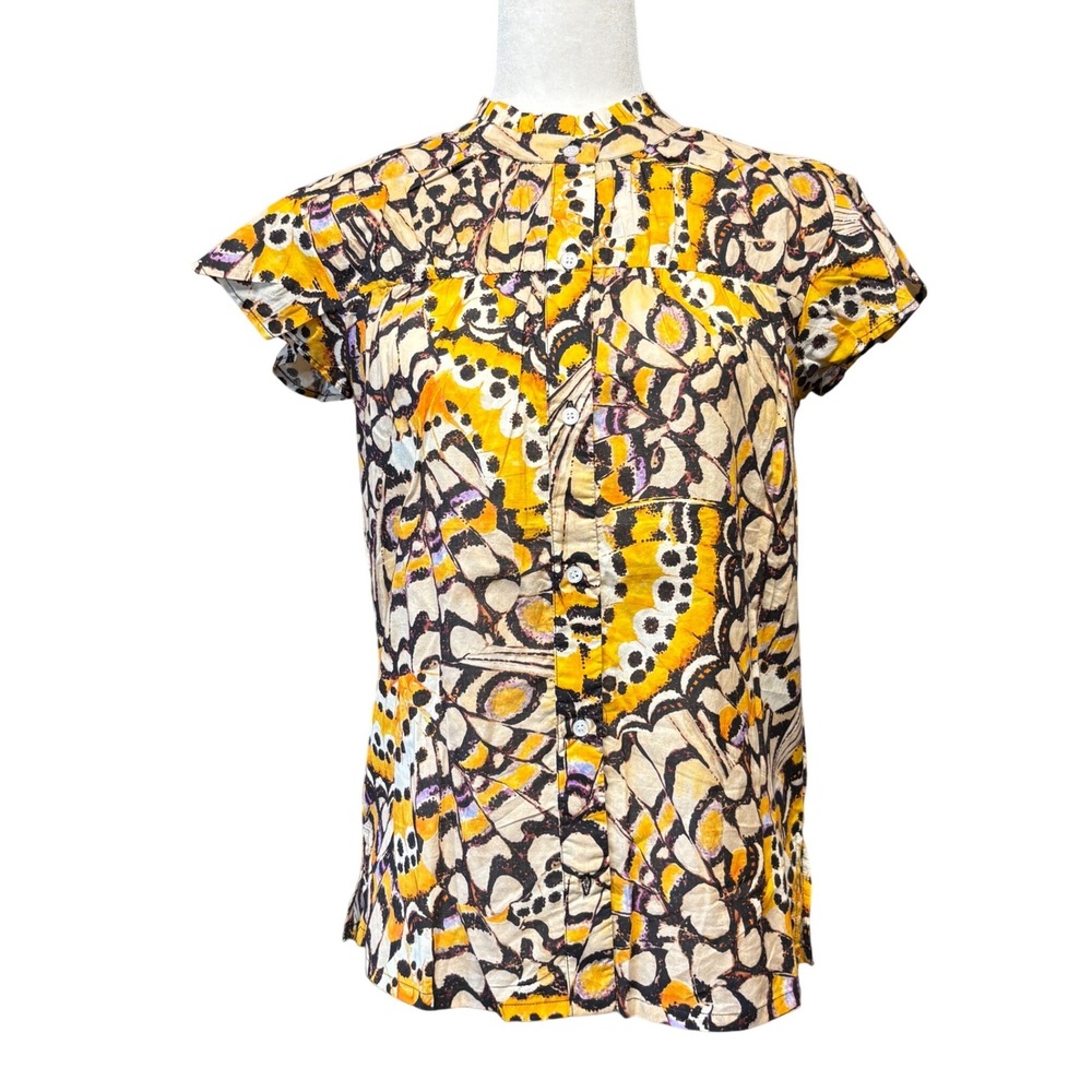 Dear John Stephany Butterfly‎ Print Ruffle Neck Blouse Yellow Orange Small NEW